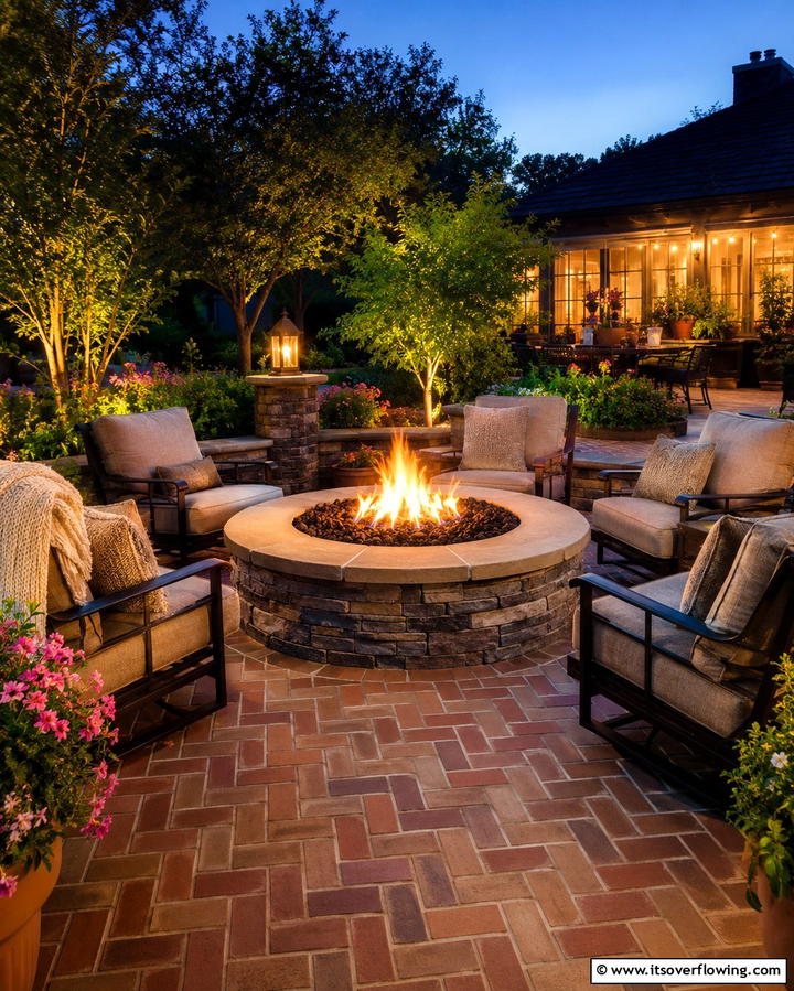 Warmth of Fire Pit Integration - 25 Herringbone Brick Patio Designs for a Classic Look