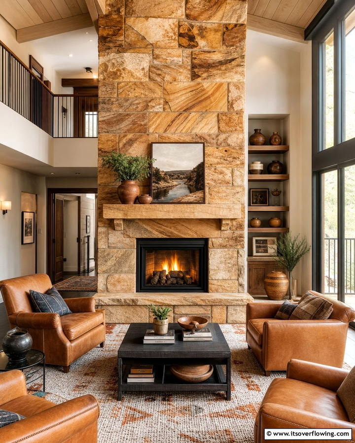 Warmth of Sandstone - 25 Floor to Ceiling Stone Fireplace Ideas for Drama