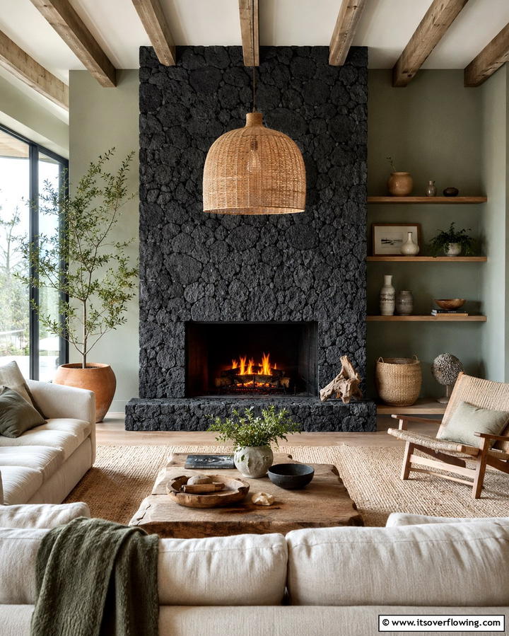 Warmth with Black Lava Stone - 25 Elegant Black Stone Fireplace Ideas