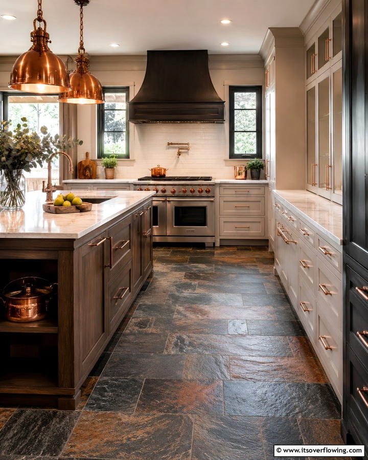 Warmth with Copper Accents and Slate - 25 Kitchens With Slate Floors for a Durable and Stylish Look