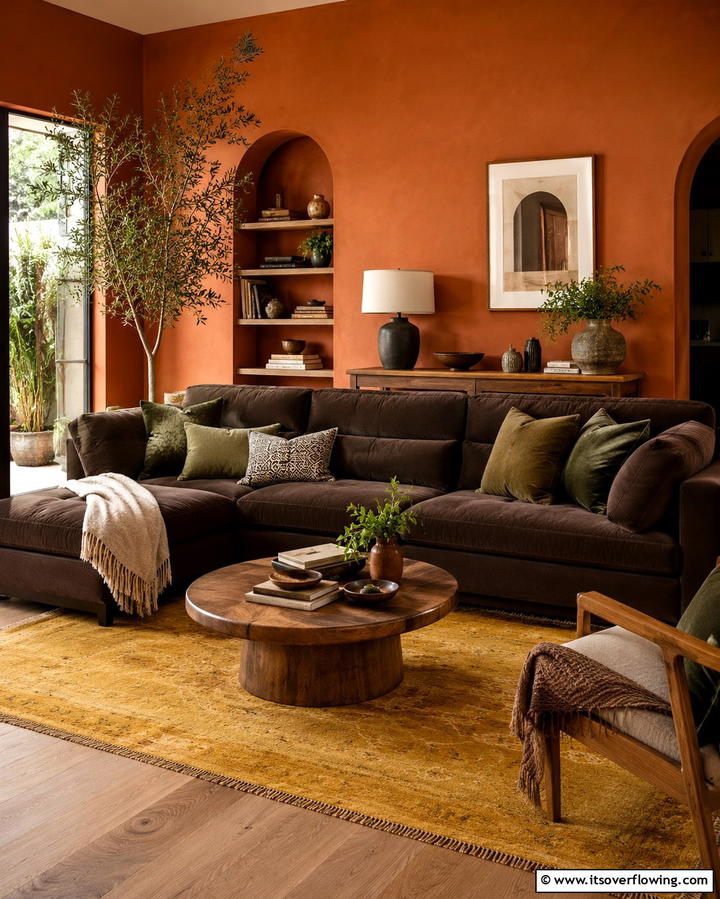 Warmth with Earthy Tones - 30 Warm Dark Brown Couch Styling Ideas for Cozy Living Rooms