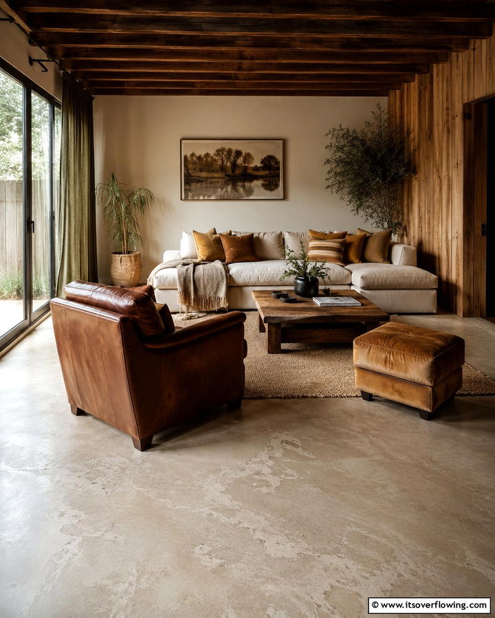 Warmth with Earthy Tones - 25 Rustic Concrete Floor Living Room Ideas for Style