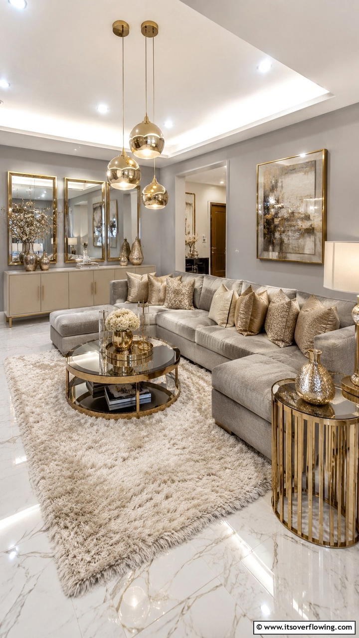 Warmth with Metallic Touches - 30 Grey and Beige Living Room Ideas- Warm Minimalist Designs