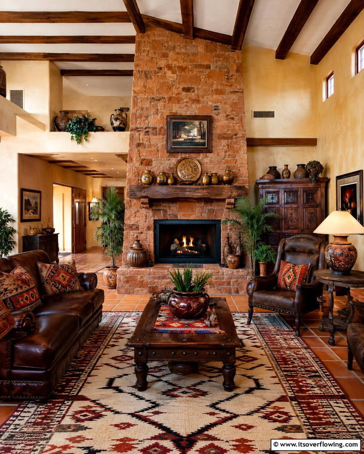 Warmth with Terracotta Stone - 25 Floor-to-Ceiling Stone Fireplace Ideas for Cozy Homes