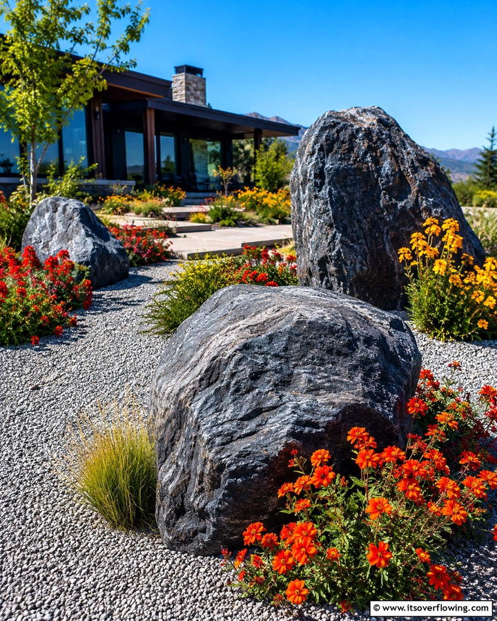 Water Conservation with River Rocks - 30 Natural Black River Rock Landscaping Ideas for Texture