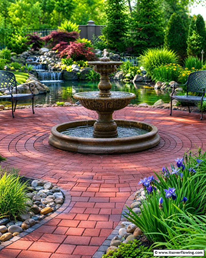Water Feature Accent with Red Pavers - 20 Red Paver Patio Ideas for Stunning Outdoor Spaces