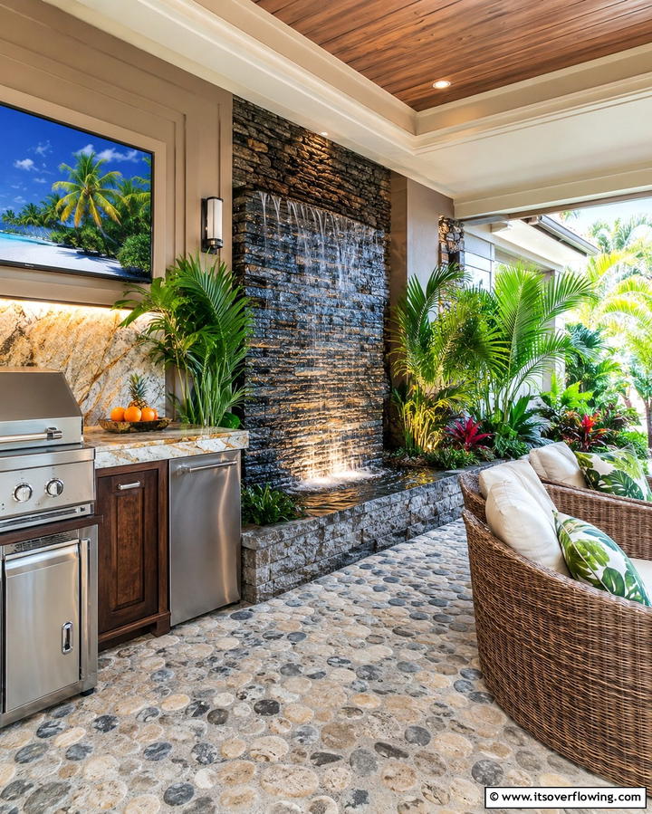 Water Feature Accent - 20 Stylish Lanai Kitchen Ideas for Indoor-Outdoor Living