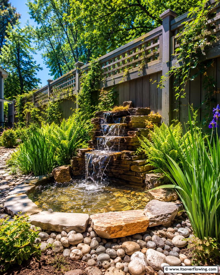Water Feature Highlight - 30 Simple Fence Line Landscaping Ideas for Curb Appeal