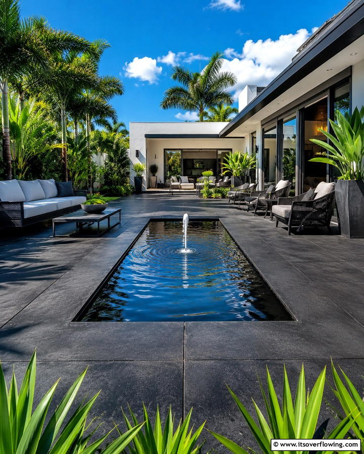 Water Feature Integration - 25 Black Concrete Patio Ideas for Modern Outdoor Spaces