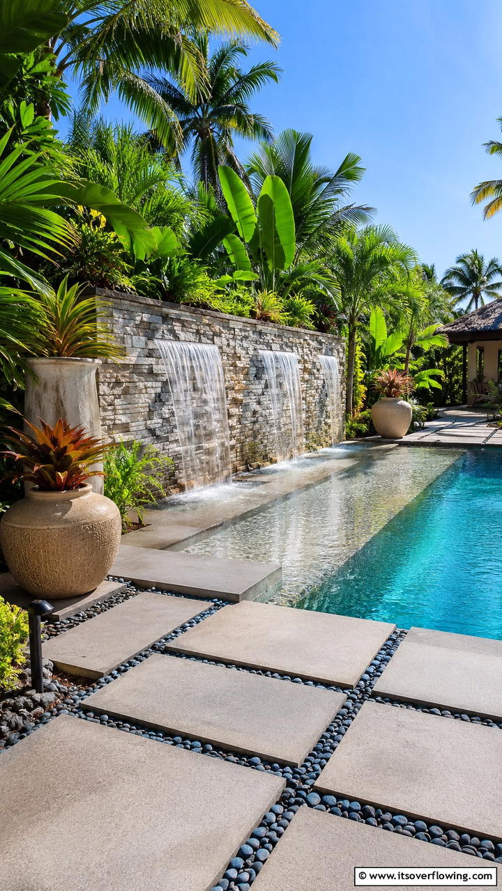 Water Feature Integration - 30 Concrete Pavers Around Pool Ideas for Durable Style