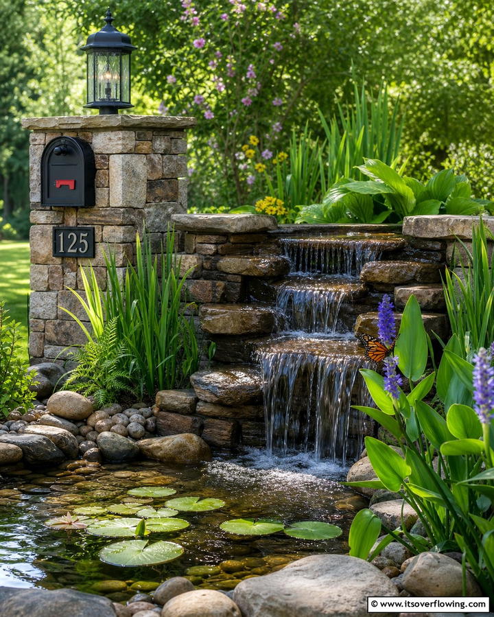 Water Feature Integration - 30 Creative Mailbox Landscaping Ideas for Curb Appeal