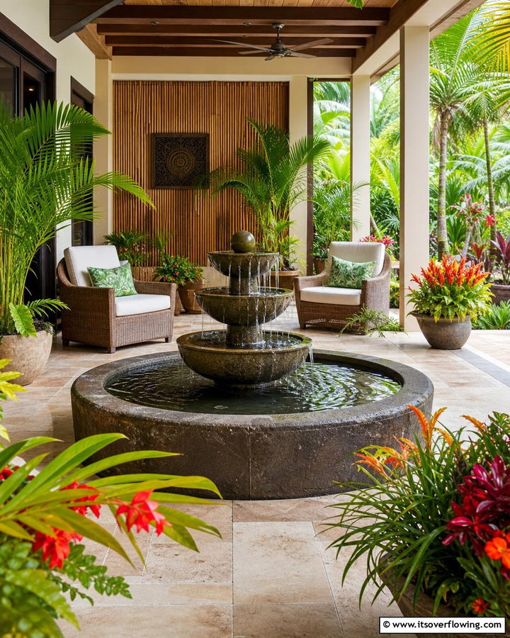Water Feature for Tranquility - 20 Lanai Porch Ideas- Tropical Outdoor Living