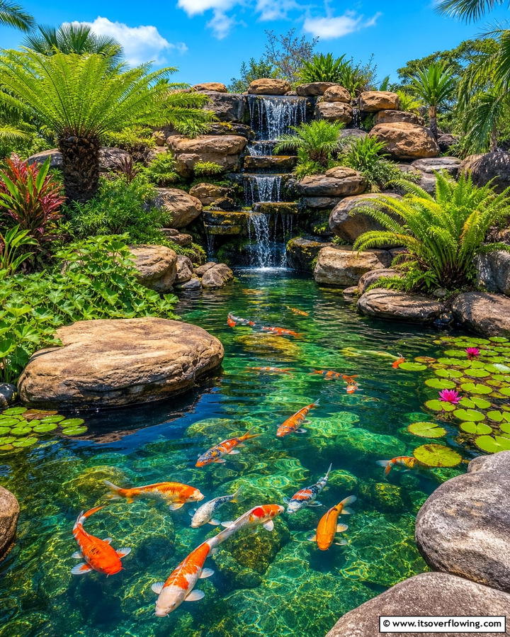 Water Features with Koi Ponds - 25 Tropical Garden Ideas for a Lush Outdoor Oasis