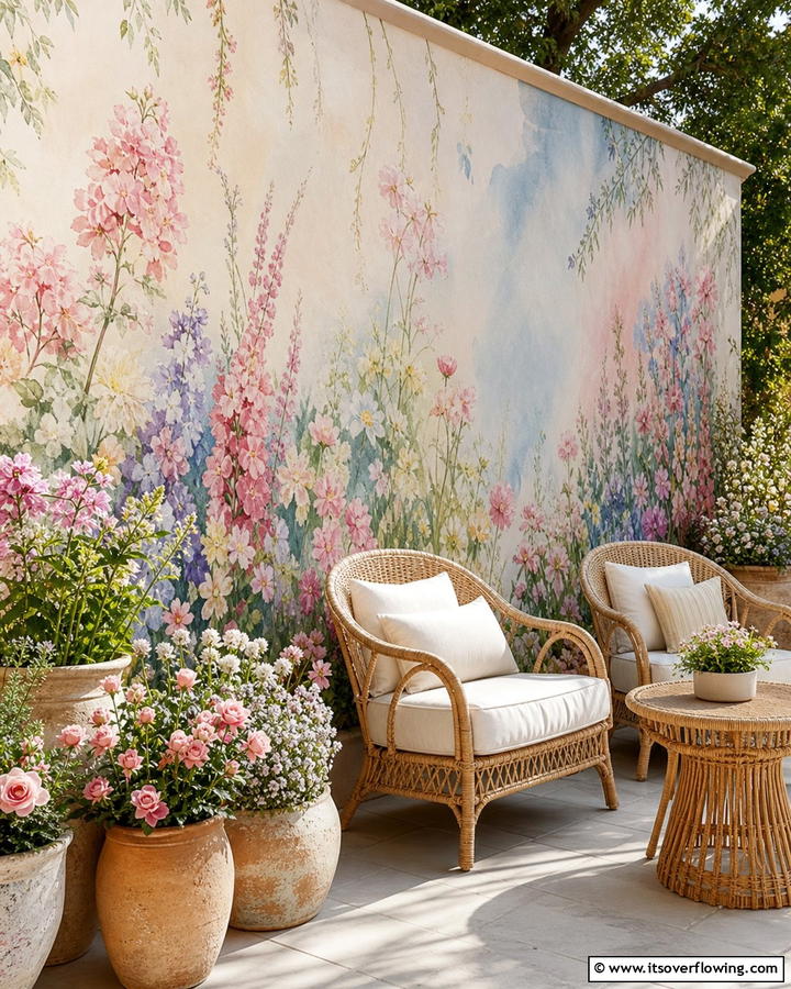 Watercolor Garden Mural - 21 Garden Mural Ideas to Transform Outdoor Walls Artistically