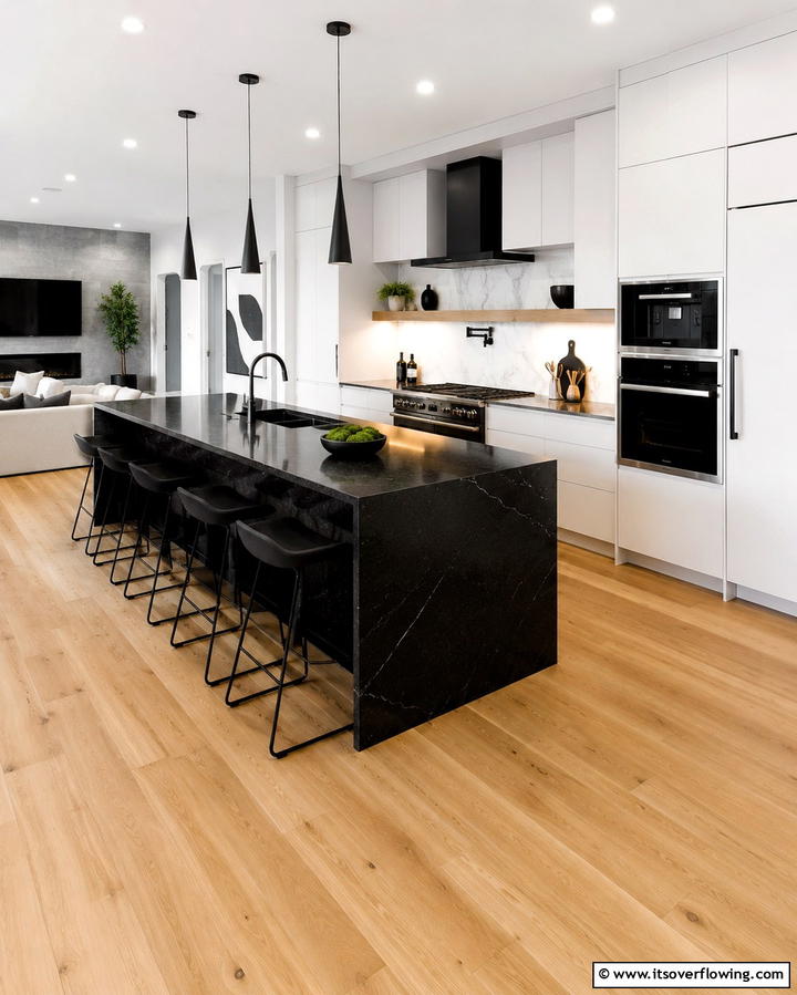 Waterfall Edge Black Granite Countertops - 30 Sleek Black Granite Countertop Kitchen Designs for Luxury