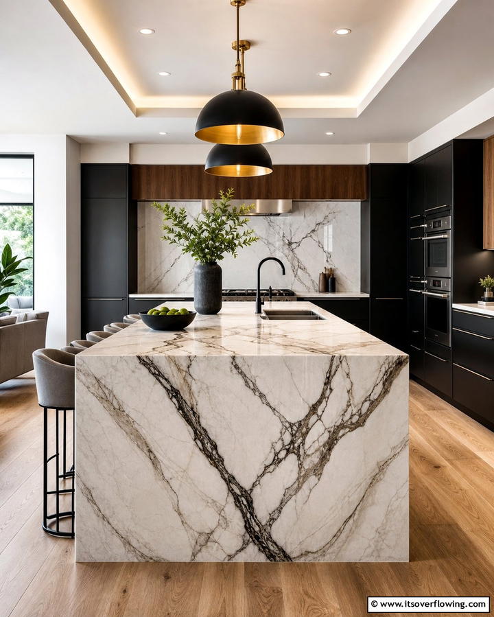 Waterfall Edge Marble Island - 25 Marble Kitchen Island Ideas for a Stunning Centerpiece