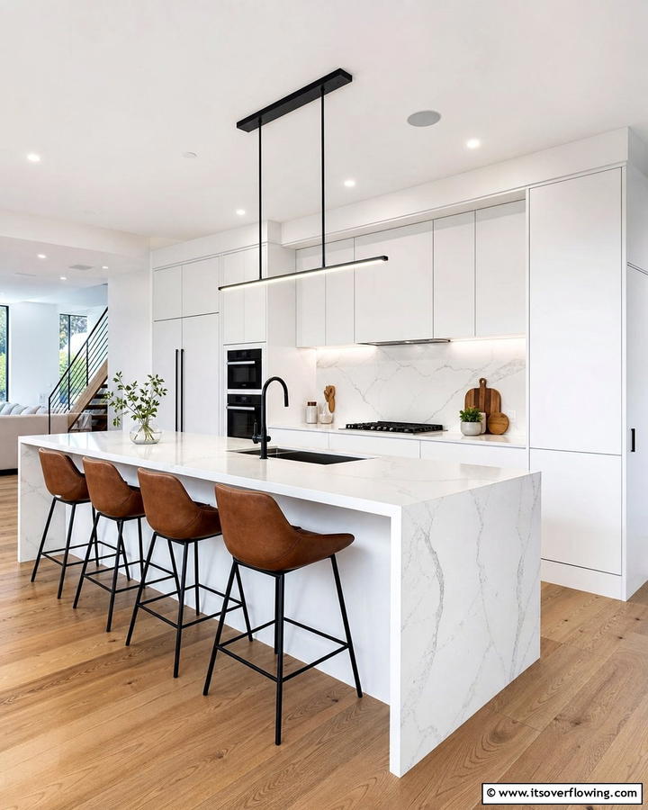 Waterfall Edge Modern Countertops - 21 Kitchen Countertop Ideas- Durable & Stylish Surfaces