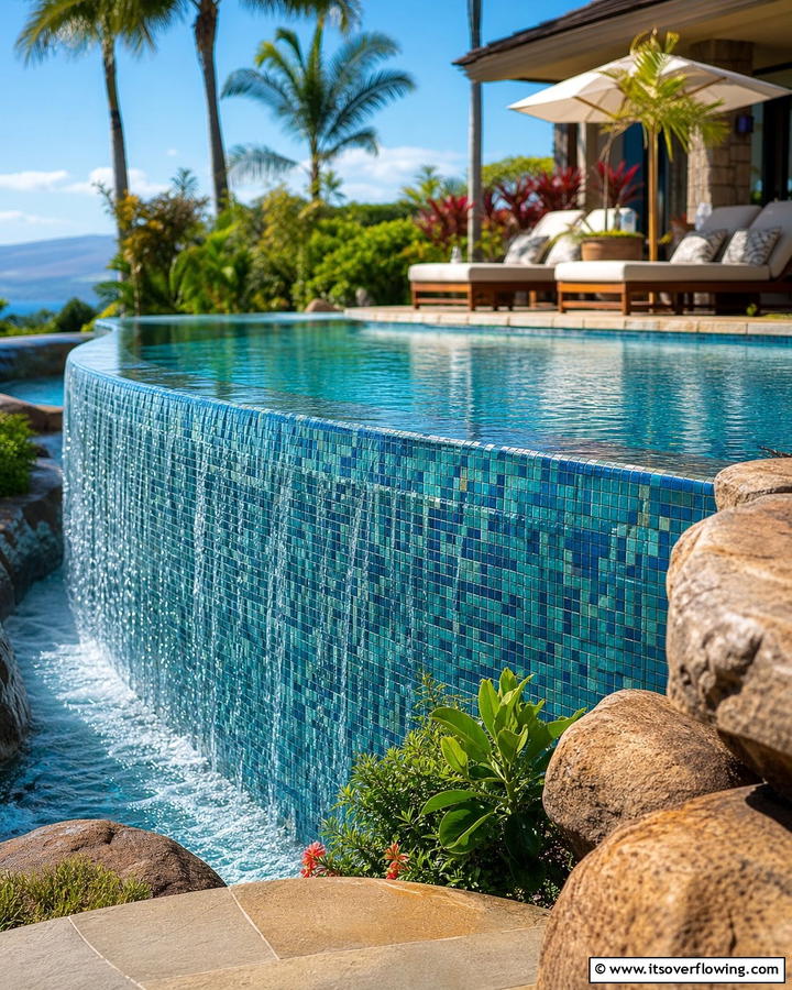 Waterfall Edge Wonder - 21 Pool Tile Designs to Refresh Your Swimming Area Style