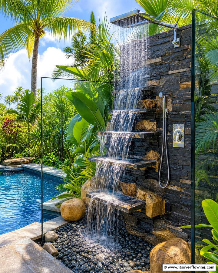 Waterfall Feature Delight - 21 Outdoor Shower Designs for Poolside Luxury & Functionality