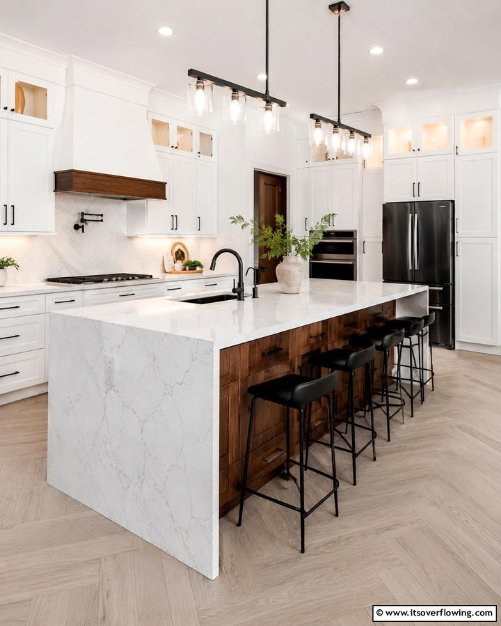 Waterfall Island with Contrasting Base - 20 Stunning Waterfall Kitchen Island Ideas for a Modern Look