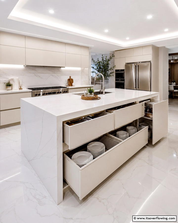 Waterfall Island with Hidden Storage - 20 Stunning Waterfall Kitchen Island Ideas for a Modern Look