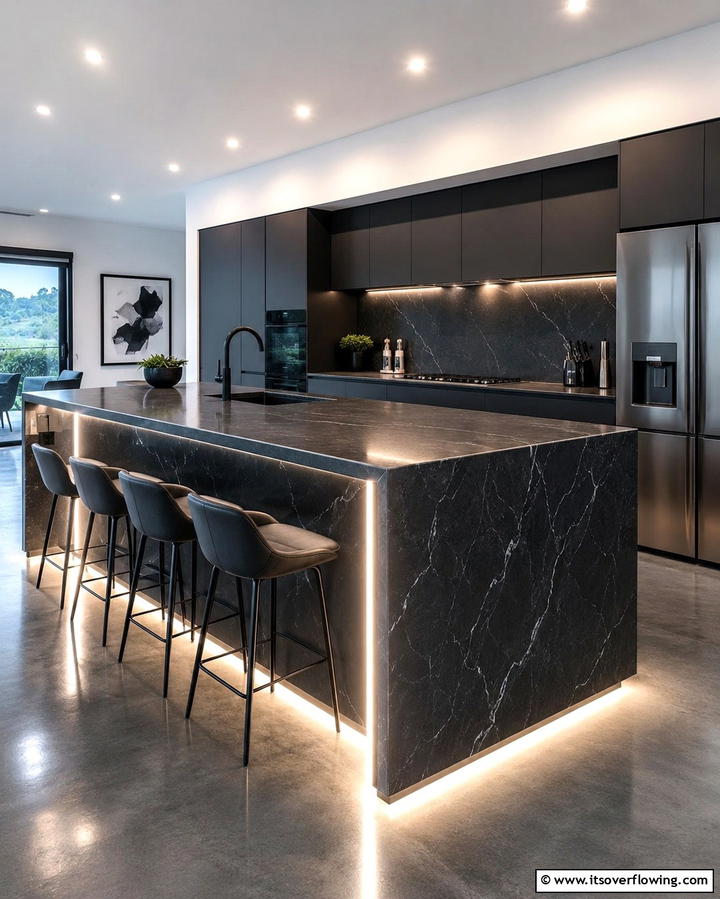 Waterfall Island with LED Lighting - 20 Stunning Waterfall Kitchen Island Ideas for a Modern Look