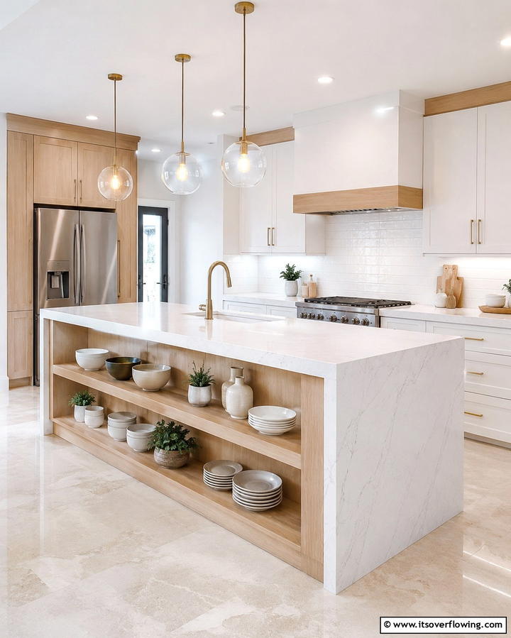 Waterfall Island with Open Shelving - 20 Stunning Waterfall Kitchen Island Ideas for a Modern Look