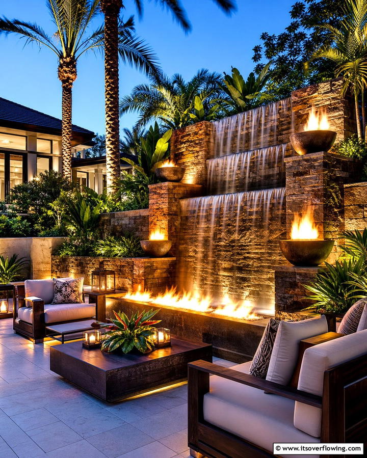 Waterfall with Fire Feature - 25 Backyard Waterfall Ideas for a Tranquil Retreat