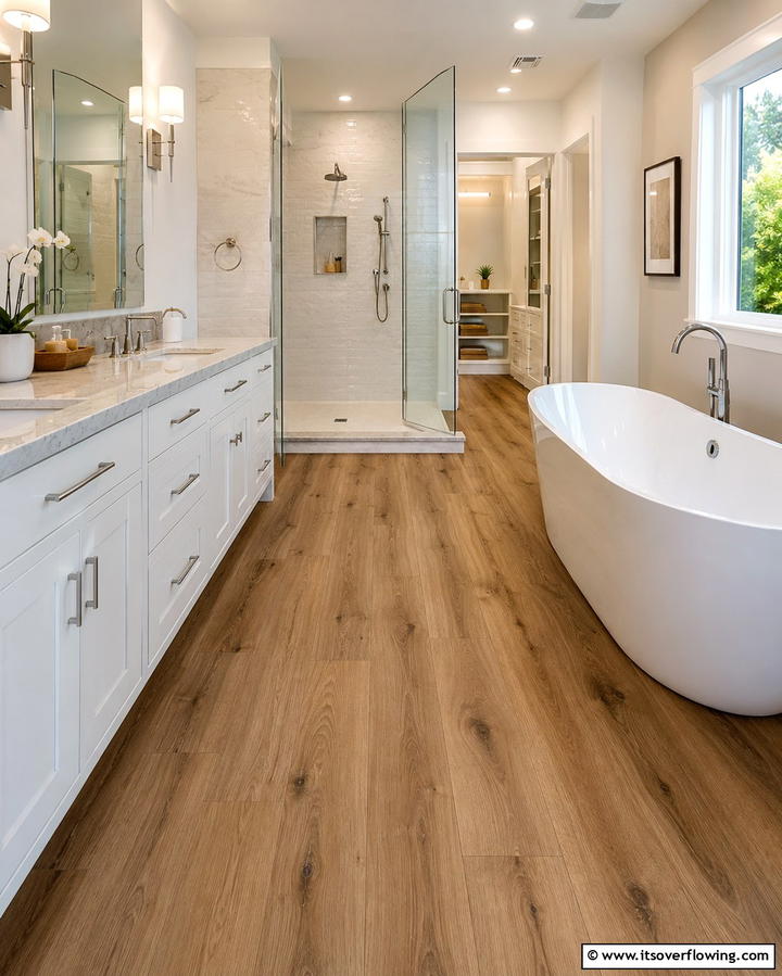 Waterproof Engineered Wood Flooring - 30 Wood Floor Ideas for Bathrooms- Warmth Meets Function