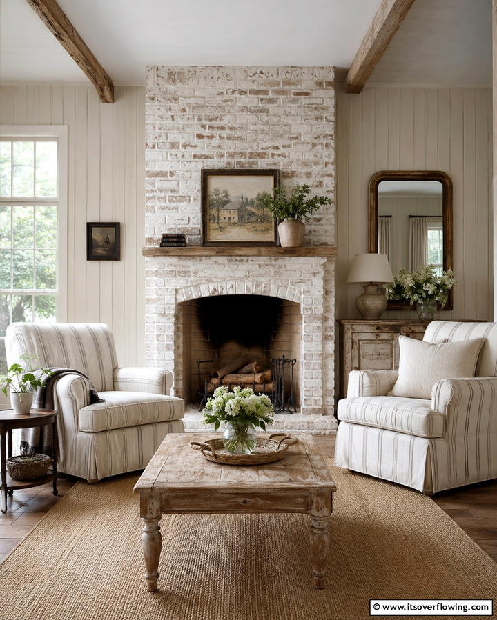 Weathered Brick Finish - 30 French Country Fireplace Ideas- Rustic Charm