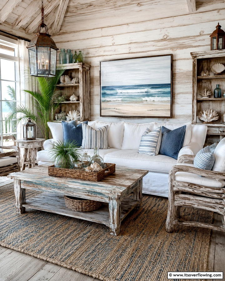 Weathered Finishes - 25 Beach House Living Room Ideas for a Coastal Vibe