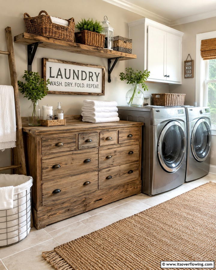 Weathered Furniture Storage - 30 Rustic Laundry Room Ideas for Functional Farmhouse Style