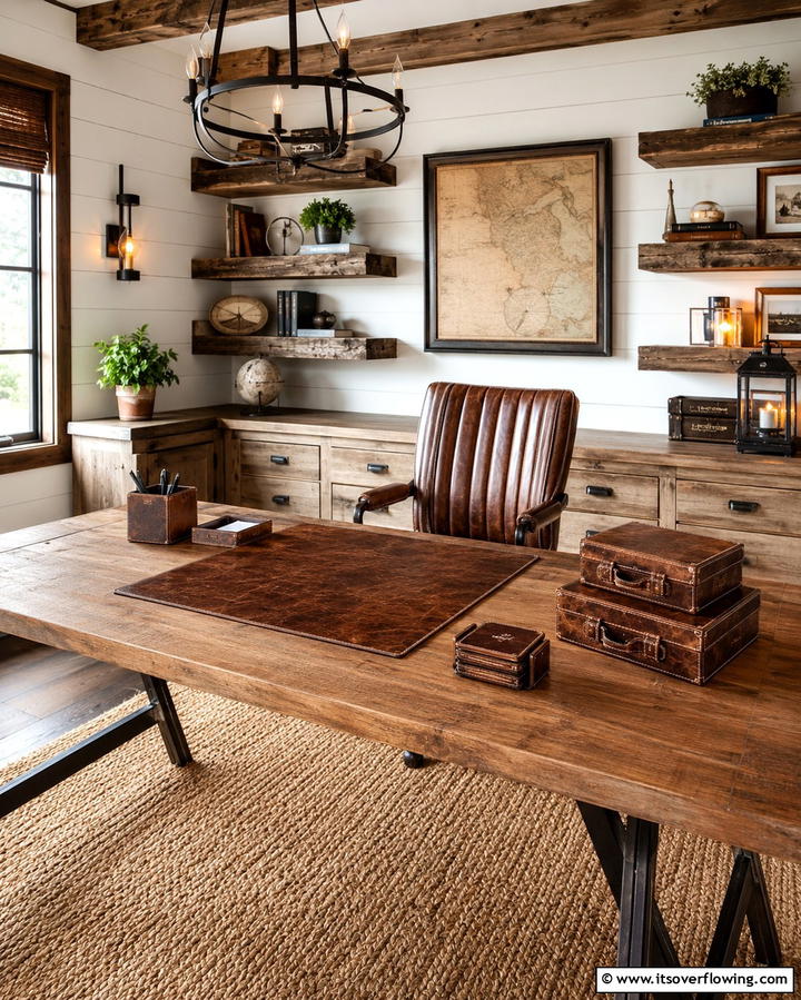 Weathered Leather Accessories - 30 Rustic Home Office Ideas for a Cozy Workspace