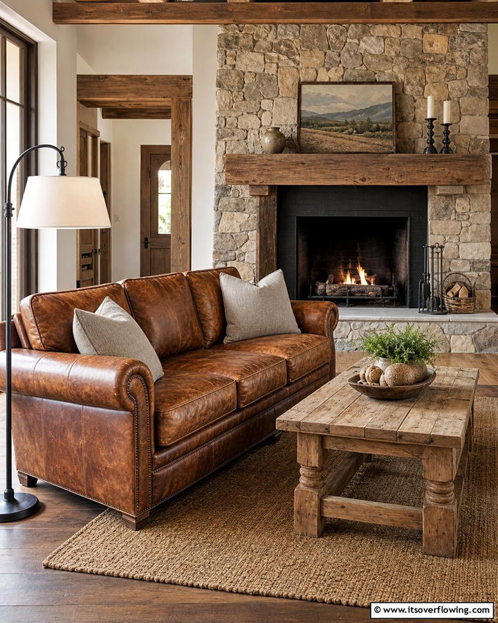Weathered Leather Sofas for Timeless Comfort - 20 Primitive Living Room Ideas for a Rustic Look