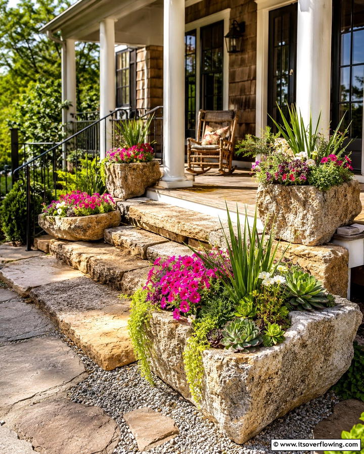 Weathered Rock Planters - 30 Rustic Front Porch Ideas for a Welcoming Entryway