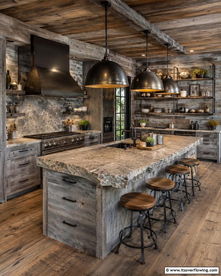 Weathered Shiplap with a Stone Island - 20 Kitchen Shiplap Ideas with Kitchen Island Designs
