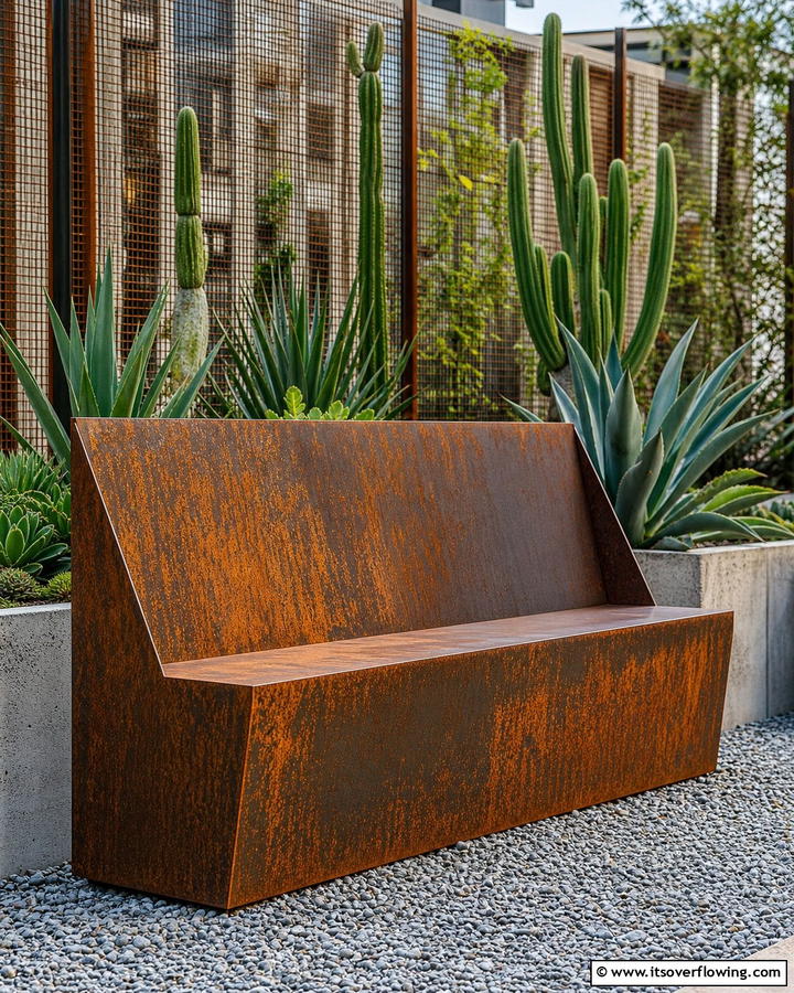 Weathered Steel Bench with Character - 30 Charming Garden Bench Ideas for Relaxing Outdoor Spaces