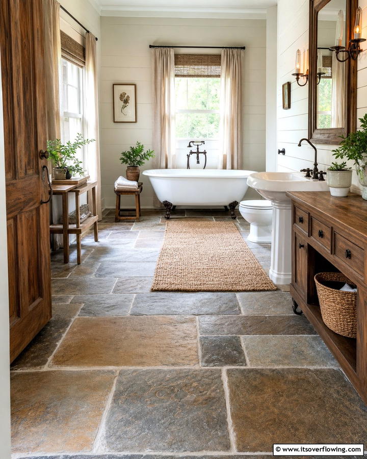 Weathered Stone Flooring - 21 Country Bathroom Ideas with Vintage Farmhouse Charm