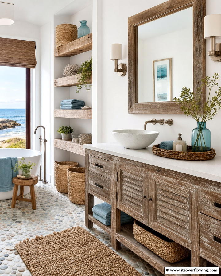 Weathered Wood Accents - 25 Coastal Bathroom Ideas for a Serene Beach Retreat