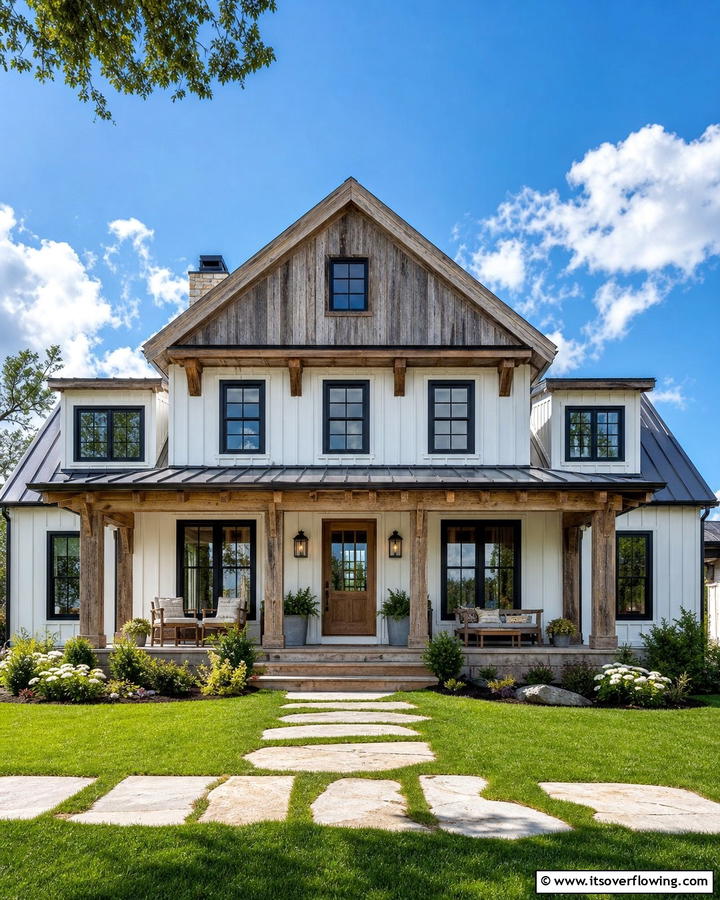 Weathered Wood Elements - 21 Modern Farmhouse Exterior Ideas to Boost Curb Appeal