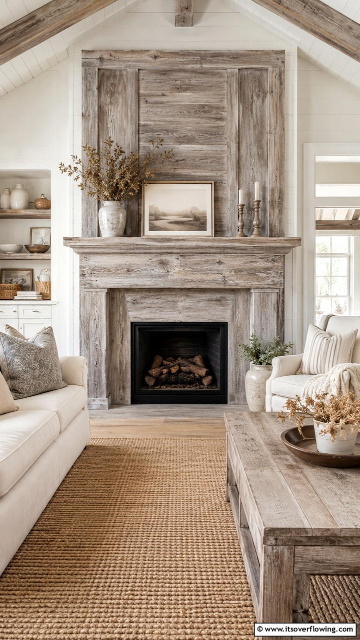 Weathered Wood Finishing - 30 Farmhouse Fireplace Ideas for Cozy Living Spaces