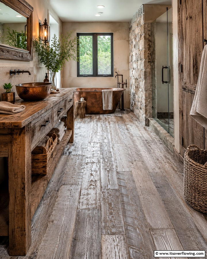 Weathered Wood for a Rustic Touch - 30 Wood Floor Ideas for Bathrooms- Warmth Meets Function