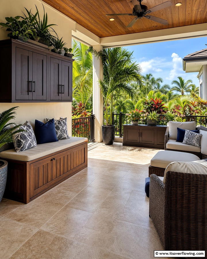Weatherproof Storage Solutions - 20 Lanai Porch Ideas- Tropical Outdoor Living