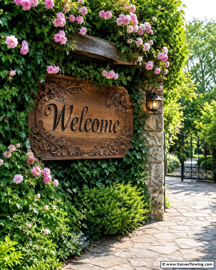 Welcome Sign with Floral Motif - 25 Garden Sign Ideas to Personalize Your Outdoor Space