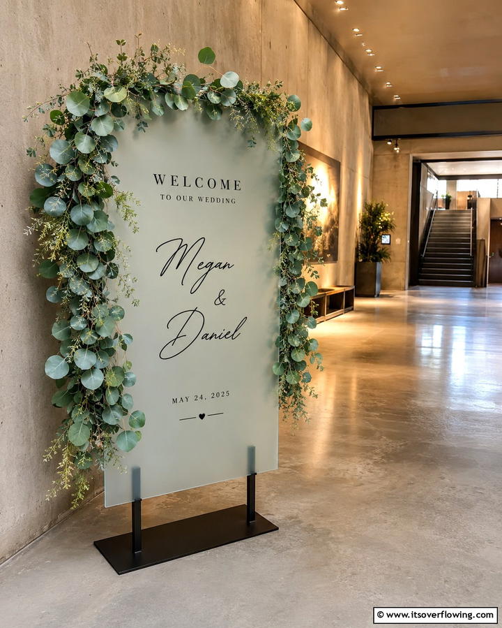 Welcome Sign with Greenery Accents - 30 Creative Wedding Sign Ideas to Personalize Events