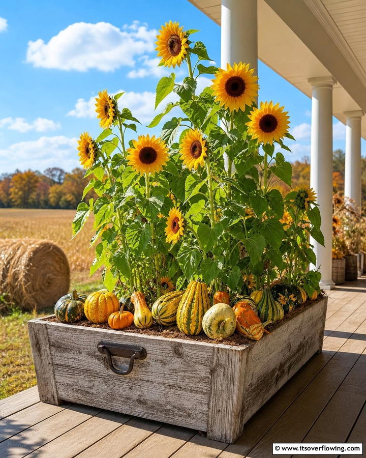 Whimsical Aesthetic with Sunflowers and Gourds - 20 Fall Flower Box Ideas for Seasonal Beauty