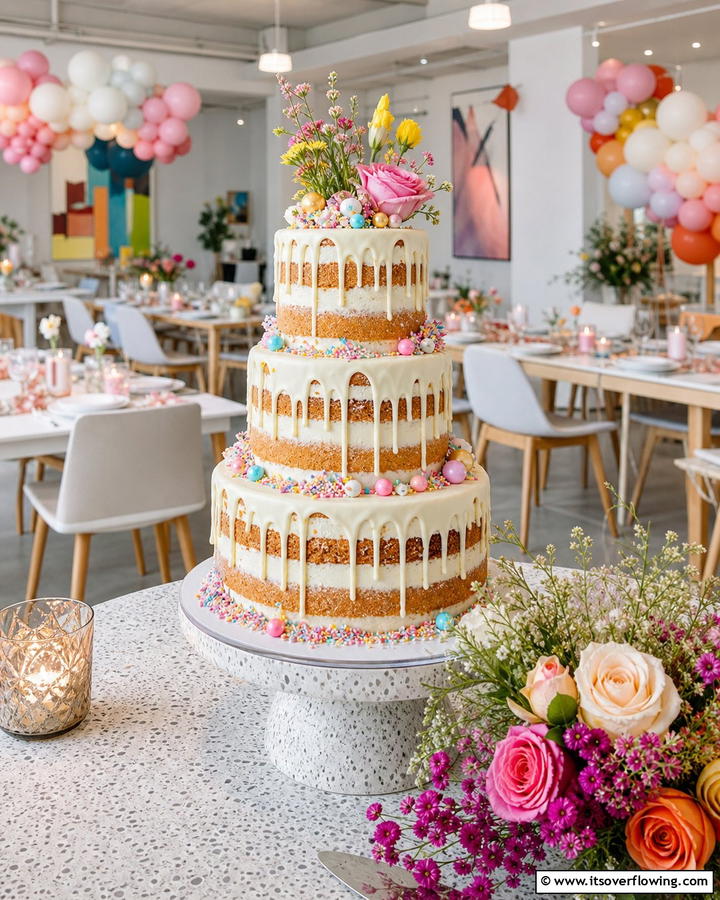 Whimsical Drip Detail Cake - 21 Naked Wedding Cake Ideas for Minimalist Elegance