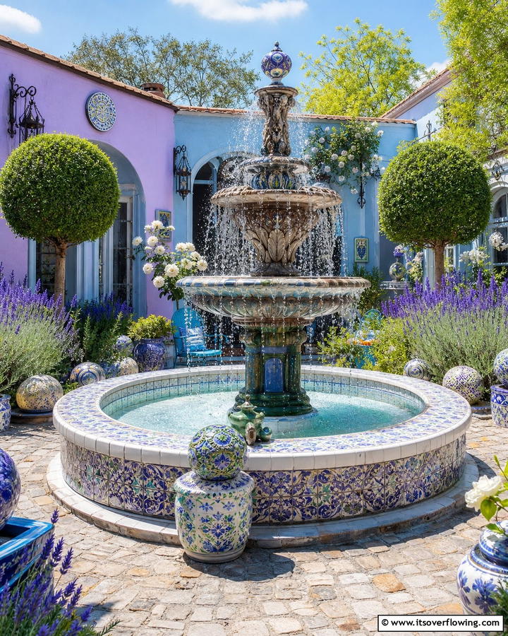 Whimsical Fountain Courtyard - 21 Courtyard Ideas to Design a Peaceful Outdoor Oasis