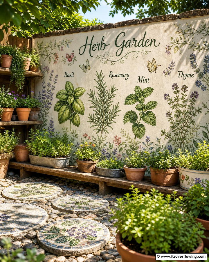 Whimsical Herb Garden Mural - 21 Garden Mural Ideas to Transform Outdoor Walls Artistically