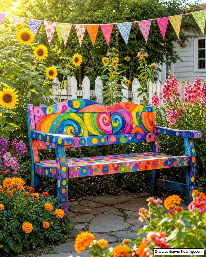 Whimsical Painted Bench for Gardens - 30 Charming Garden Bench Ideas for Relaxing Outdoor Spaces